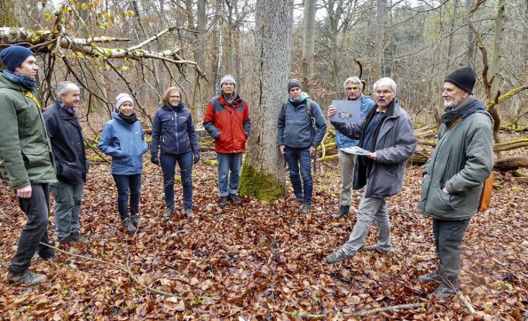 Abb. 1: Exkursion im Märchenwald Einbeck am 29. November 2022: (v.l.): Lennart Unterbarnscheidt (LK NOM – UNB), Dr. Peter Meyer von der NW-FVA, Claudia Voigt (Umweltstiftung Greenpeace), Frau Dr. Sabine Michalek, Gert Habermann (KNB), Philipp Küchler, Biologe und Webdesigner, Ralf Sepan (KNB), Dr. Reiner Theunert (Biologe), Henning Städtler | © H. Städtler