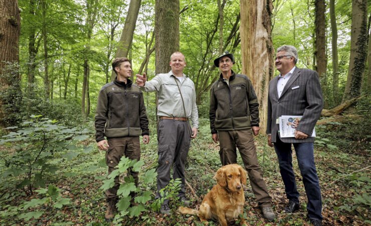 Bentheimer Wald, v. l.: Aron-Tarek Reinhard, Henning Buss mit Deutschem Wachtelhund Lümmel, Olaf Hoffmann, Marco Titze | © Fürst Bentheim