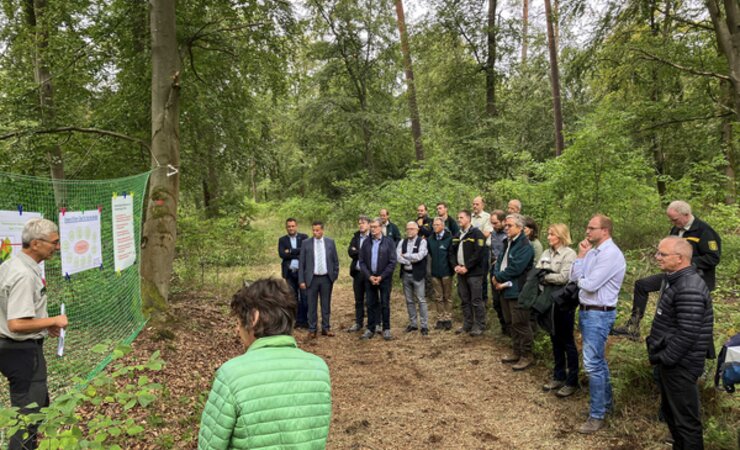 Abb. 1: Minister Hauk und weitere Zuhörer beim Vortrag über das forstliche Leitbild der AG Hardtwald | © M. Moosmayer