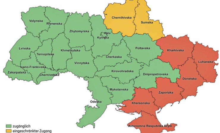 Abb. 1: Zugänglichkeit der Gebiete in der Ukraine für Feldaufnahmen zur nationalen Waldinventur | © Quelle: RS-Inventur 2023