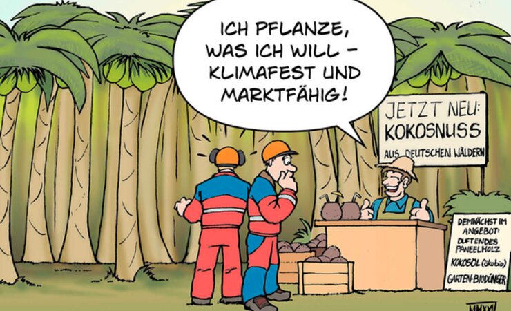 Baumartenwahl im Klimawandel | © Cartoon: T. Essner