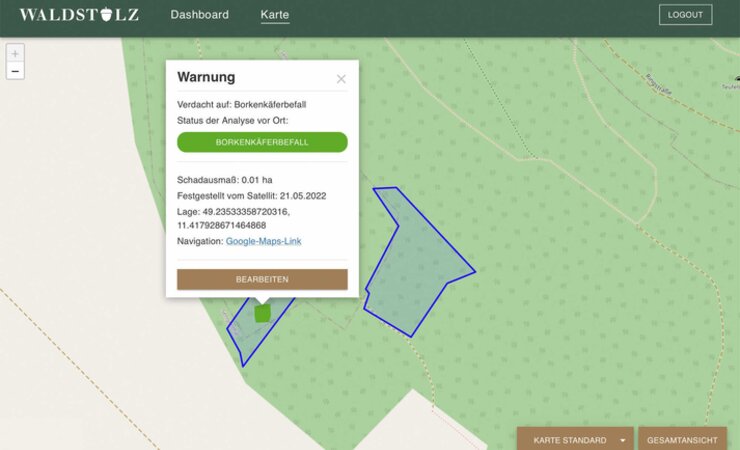 Kartenansicht aus dem Webportal der Firma Waldstolz | © Bildschirmfoto: Waldstolz