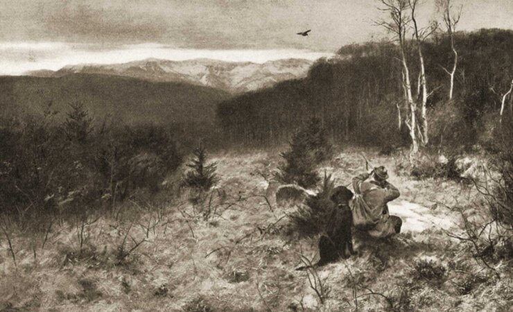 Dieses stimmungsvolle Bild nach einem mehrfarbigen Kupferdruck im Verlag von Ludwig Möller, Lübeck, wurde 1925 in „Der Deutsche Jäger“ ebenfalls unter dem Titel „Vorfrühling“ veröffentlicht. | © Illustration: J. Schmitzberger/ Archiv-dlv Jagdmedien